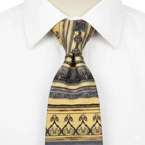 Roundtree & Yorke Silk Tie Baroque Gold Blue Ornate Handmade